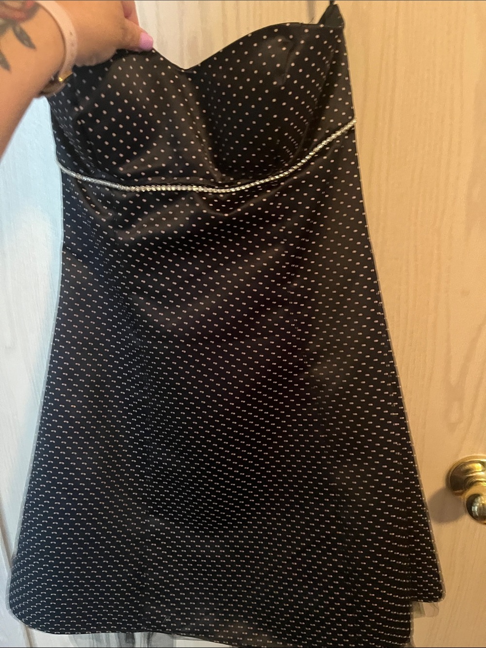 Betsy & Adam Black Strapless Polka Dot A-Line Dress with Rhinestones